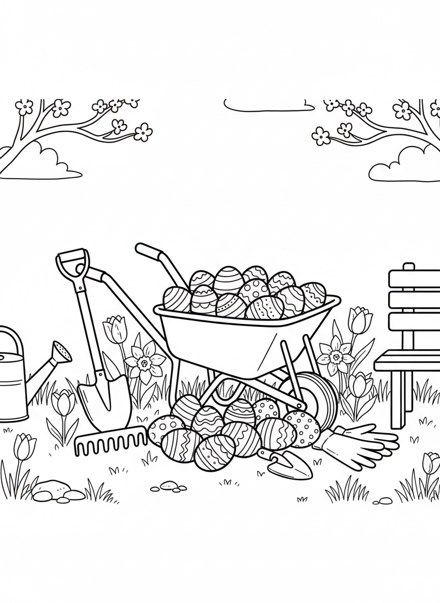 A wheelbarrow tipped on its side with Easter eggs spilling out, surrounded by garden tools and spring flowers.
