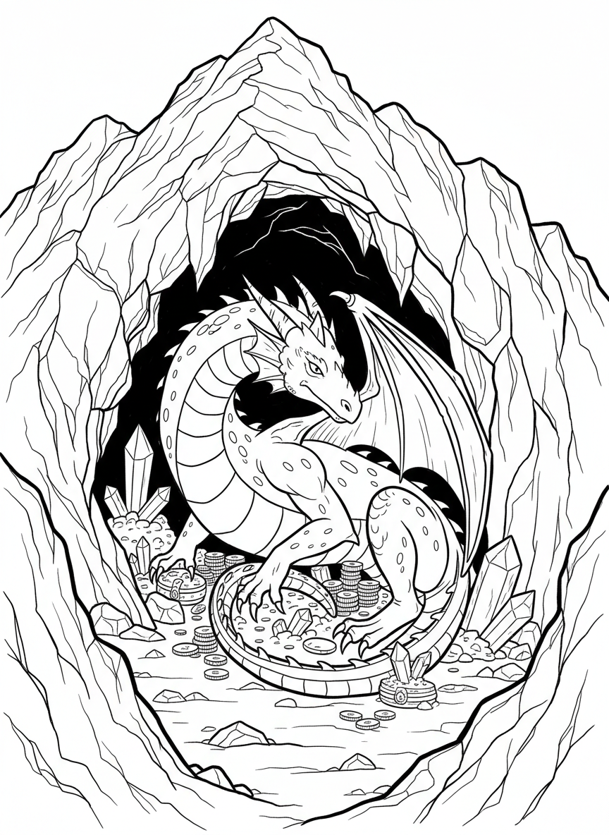 A dragon resting near a mountain cave filled with treasure, glowing crystals, and rocky cliffs surrounding the entrance.