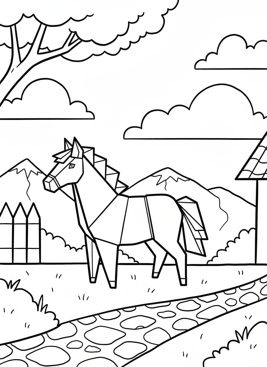An origami pony with a geometric mane and tail, standing in profile, medium complexity with clear fold lines