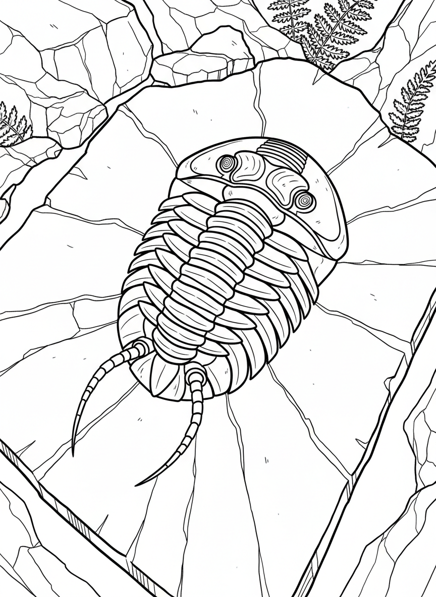 A detailed trilobite fossil with segmented body and antennae, centered on a flat stone surface