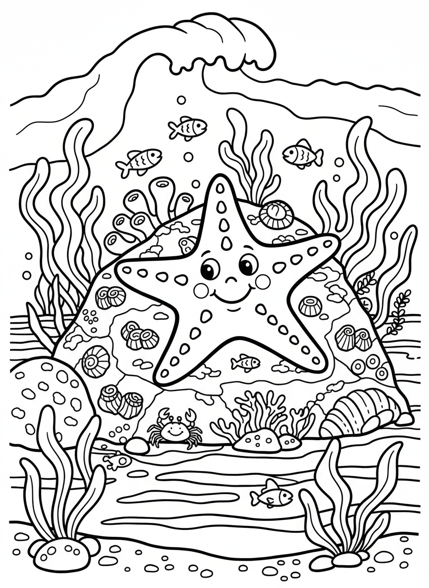 A cheerful starfish resting on a rock surrounded by small tide pool plants, simple line art with bold outlines perfect for young children