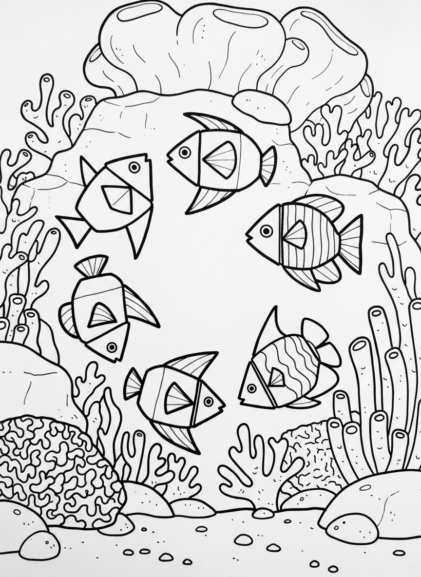 A school of five small origami tropical fish swimming in a circular pattern, each with different simple geometric fin shapes