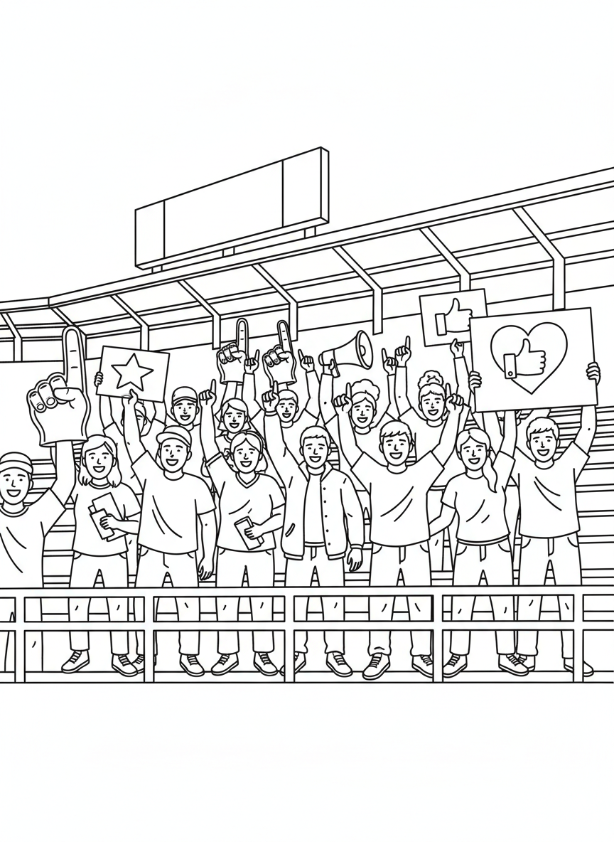A group of fans wearing foam fingers and holding signs, cheering from the stands, supportive crowd energy.