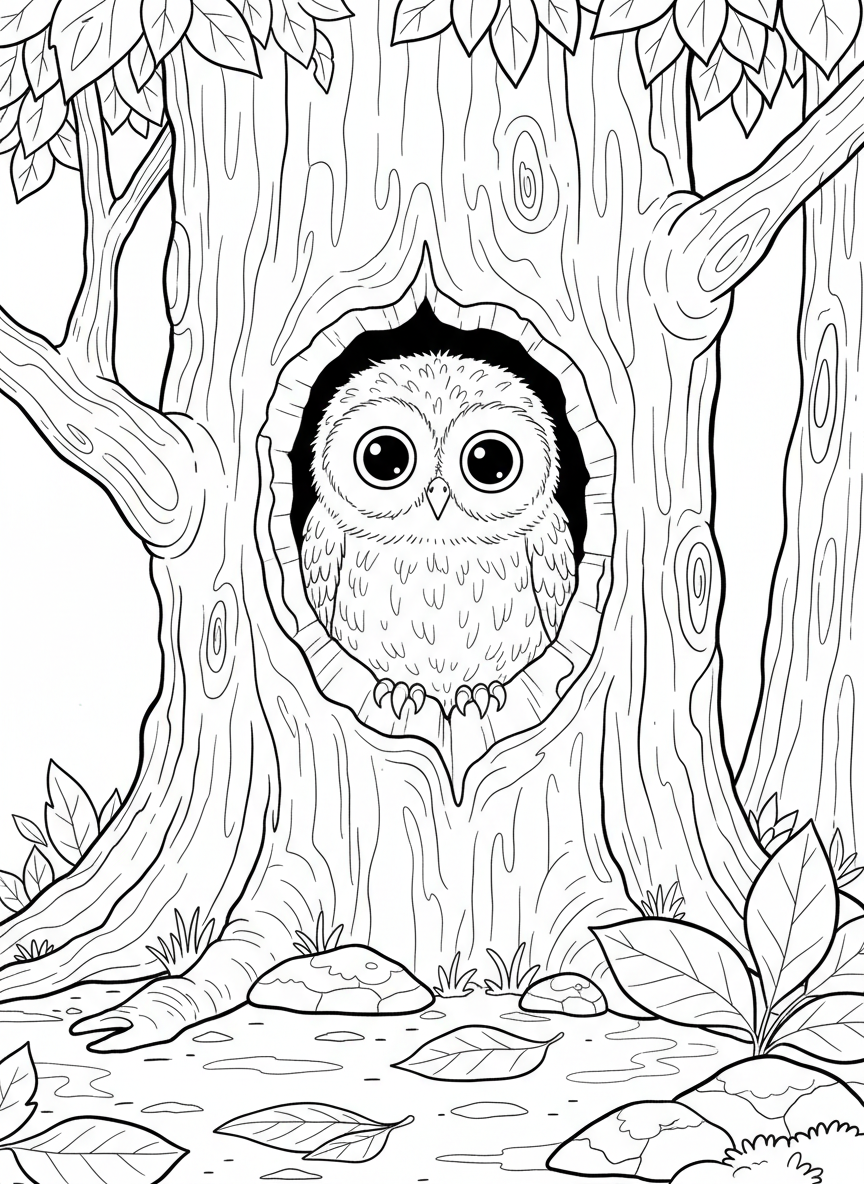 A cute baby owlet peeking out from a tree hollow, with big round eyes and fluffy feathers.