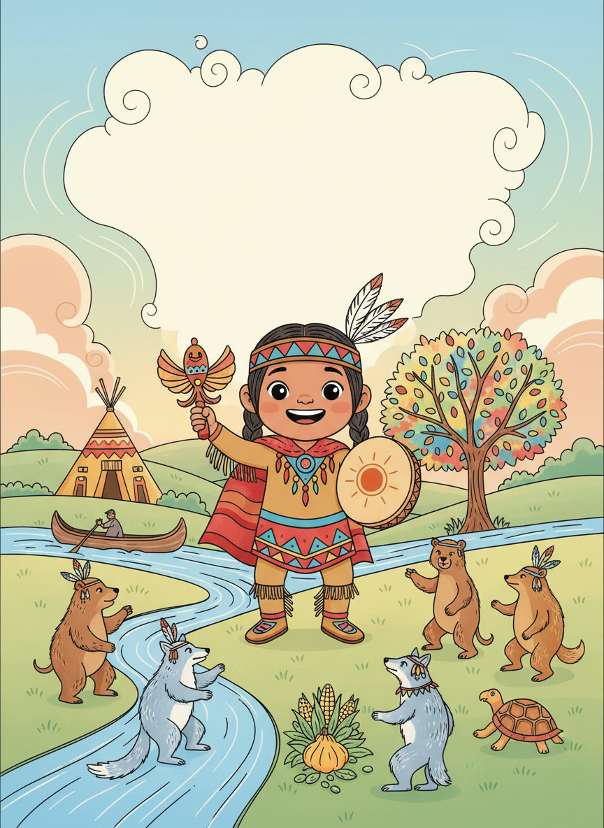 Indigenous Peoples' Day children's coloring book cover, full color, vibrant kid-friendly illustration with a single whimsical indigenous peoples' day hero motif at center, clean composition, soft pastel background, title-safe area at top.
