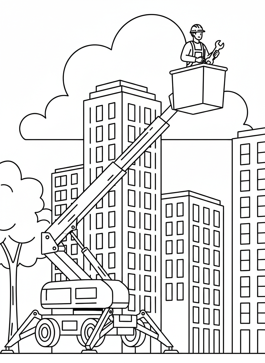 A cherry picker or aerial lift extending upward with a worker in the bucket, tall vertical composition with stabilizer legs.