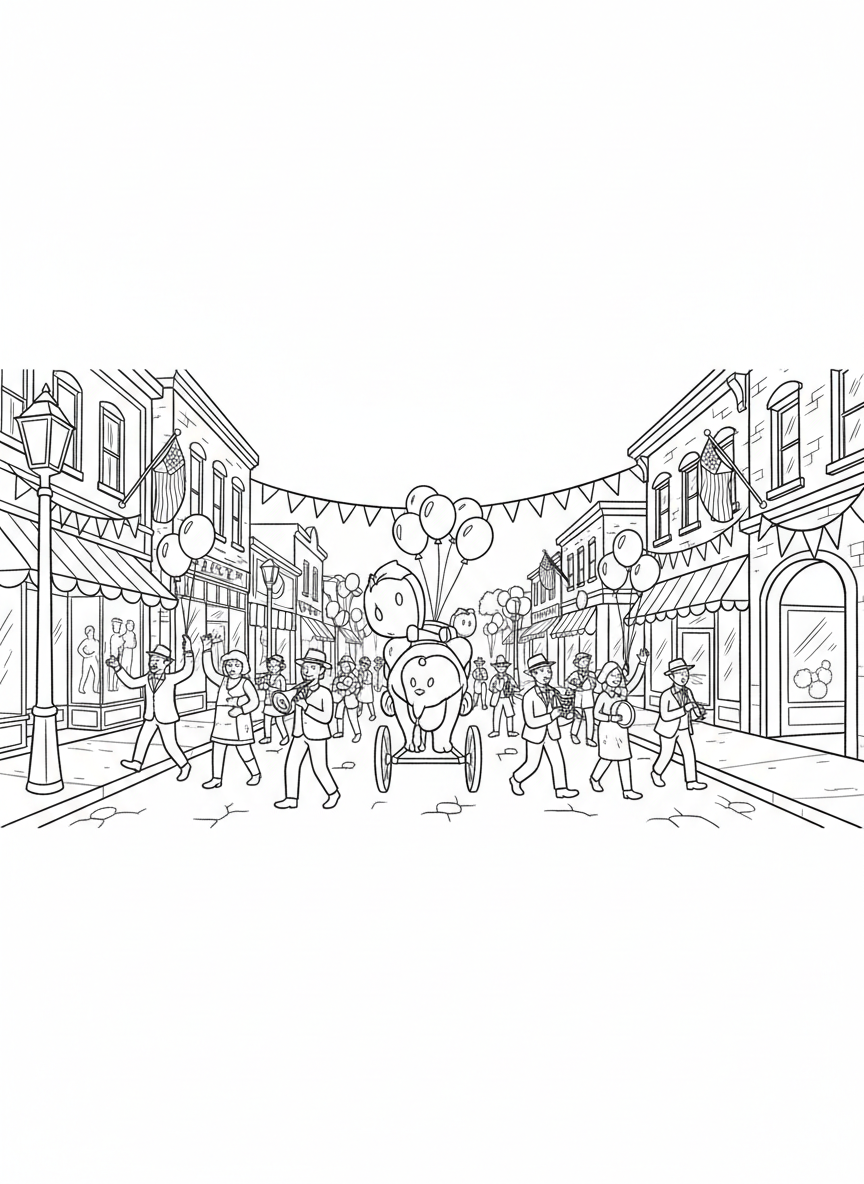 A wide scene of a small-town parade with storefronts decorated with bunting, balloons, and flags lining both sides of the street.
