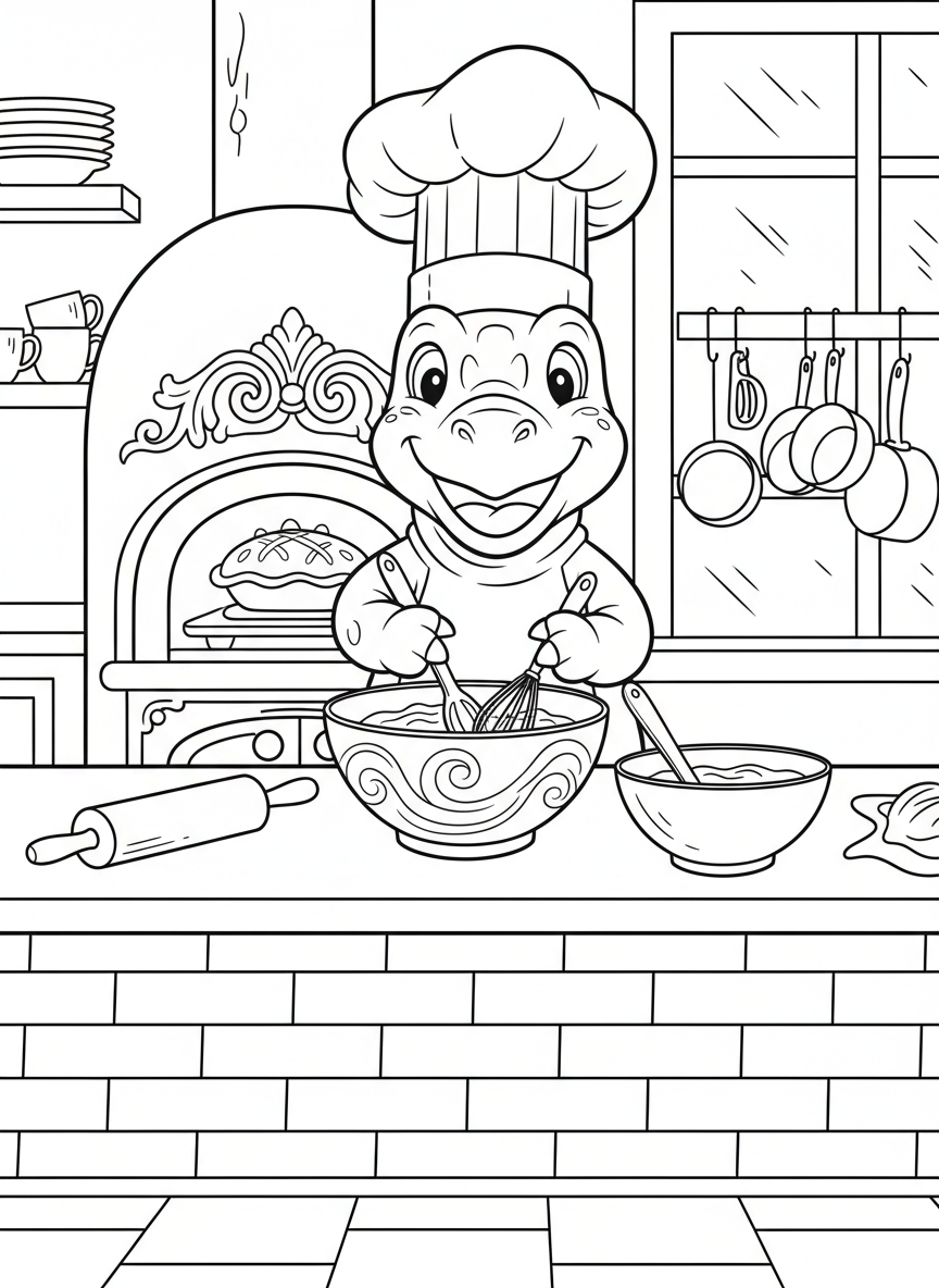 A happy Pachycephalosaurus wearing a chef's hat, standing by a kitchen counter with mixing bowls, fun cooking scene