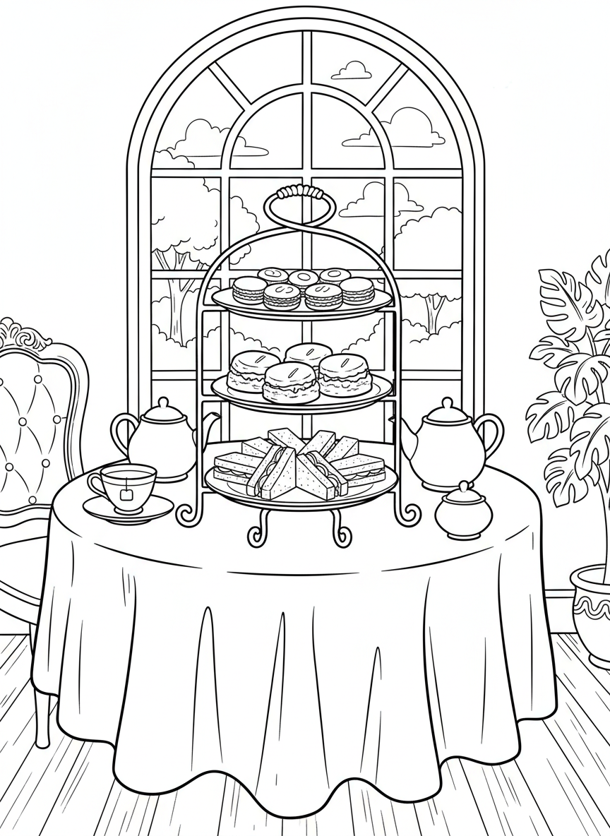 A fancy three-tier serving tray filled with different treats: macarons on top, scones in the middle, and finger sandwiches on bottom.