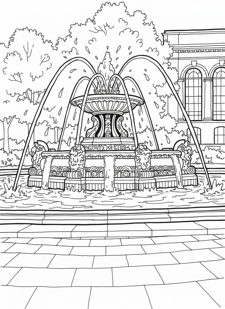 Buckingham Fountain spraying water with decorative details, symmetrical design with water droplets and ornate base