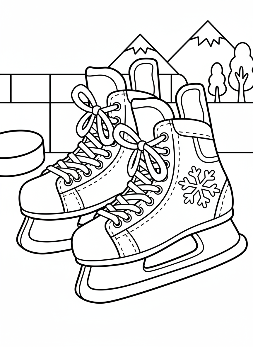 Close-up of a pair of ice hockey skates with laces and blades, simple design perfect for young children to color