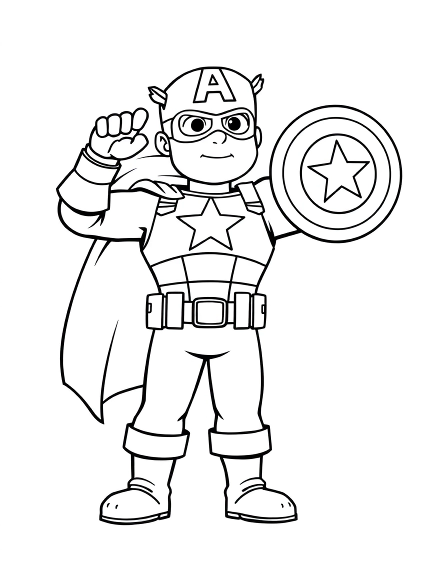 Captain America holding his shield aloft in a proud salute, the stars and stripes waving gently behind