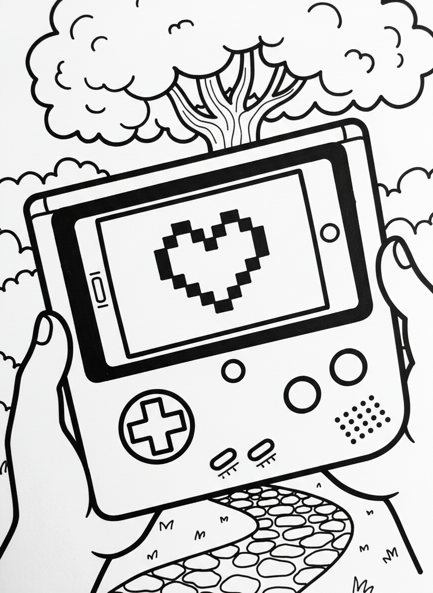 A handheld gaming console with a large screen showing a simple pixel heart, buttons on the sides, perfect for young gamers to color.