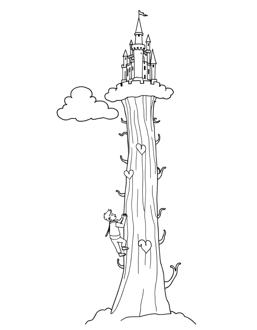 Jack climbing a towering beanstalk that stretches up into simple, fluffy clouds, with a giant castle visible at the top.