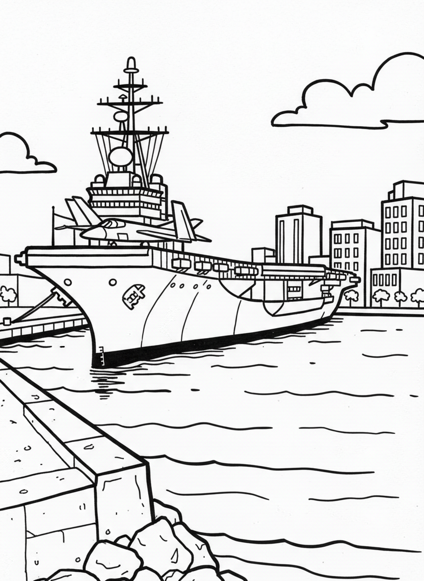 The USS Midway aircraft carrier docked at the harbor with an airplane on deck and water surrounding it