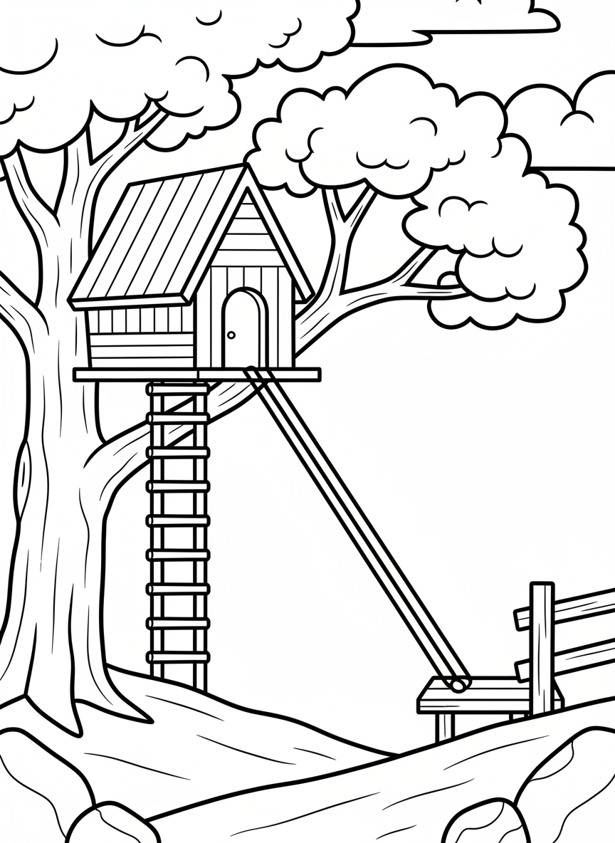 A simple A-frame treehouse with a single zip line going down to ground level, beginner-friendly coloring page design.