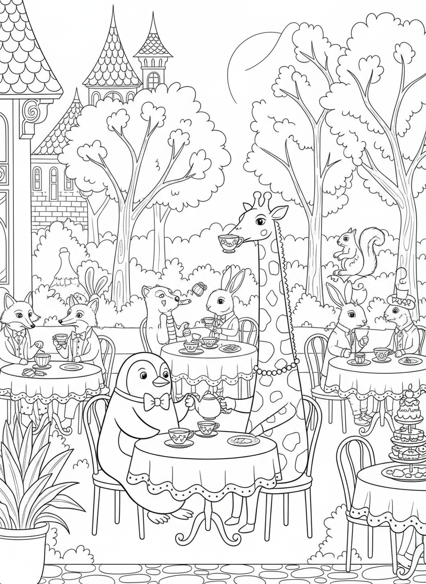 A penguin in a bow tie serving tea to a giraffe wearing pearls at a fancy table, silly animal tea party