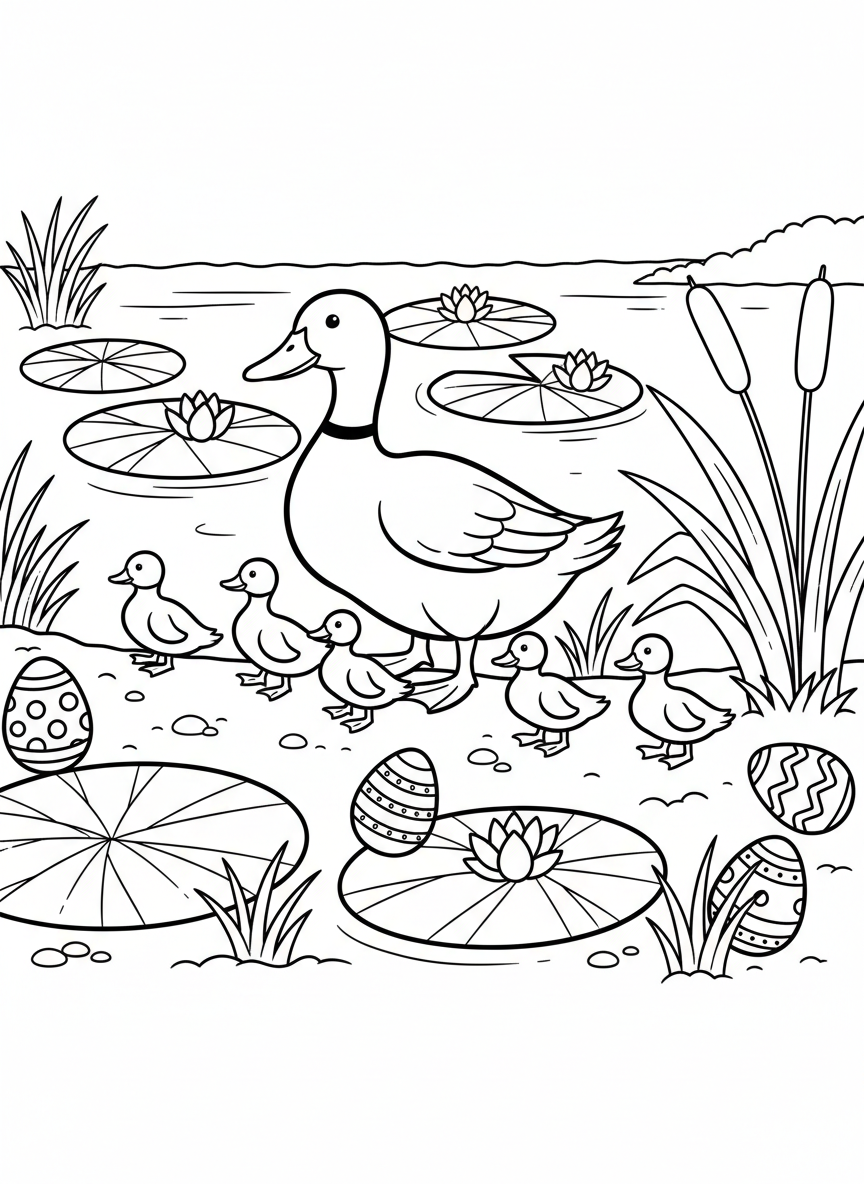 A family of ducks waddling past colorful Easter eggs hidden along a pond with lily pads and cattails.