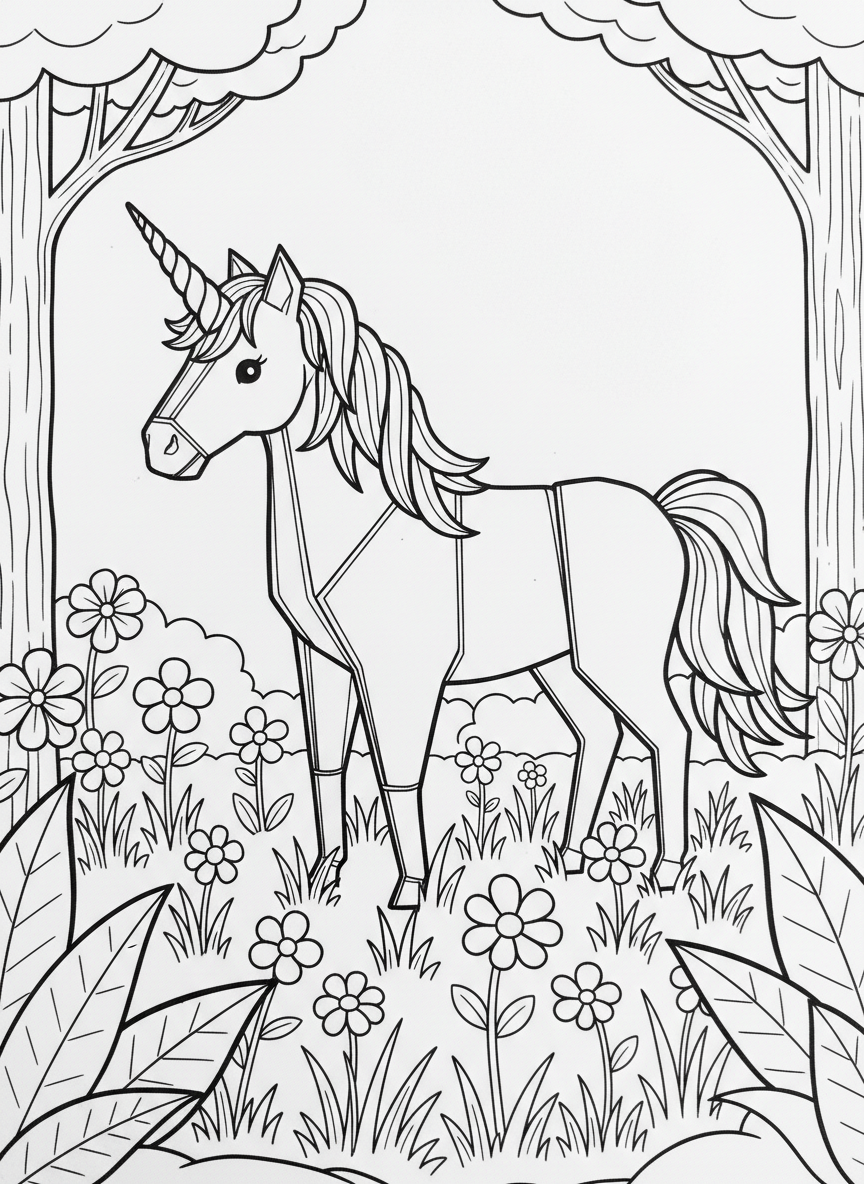 A cute origami unicorn with a spiral horn and folded paper mane, standing in a meadow with simple flowers, coloring page