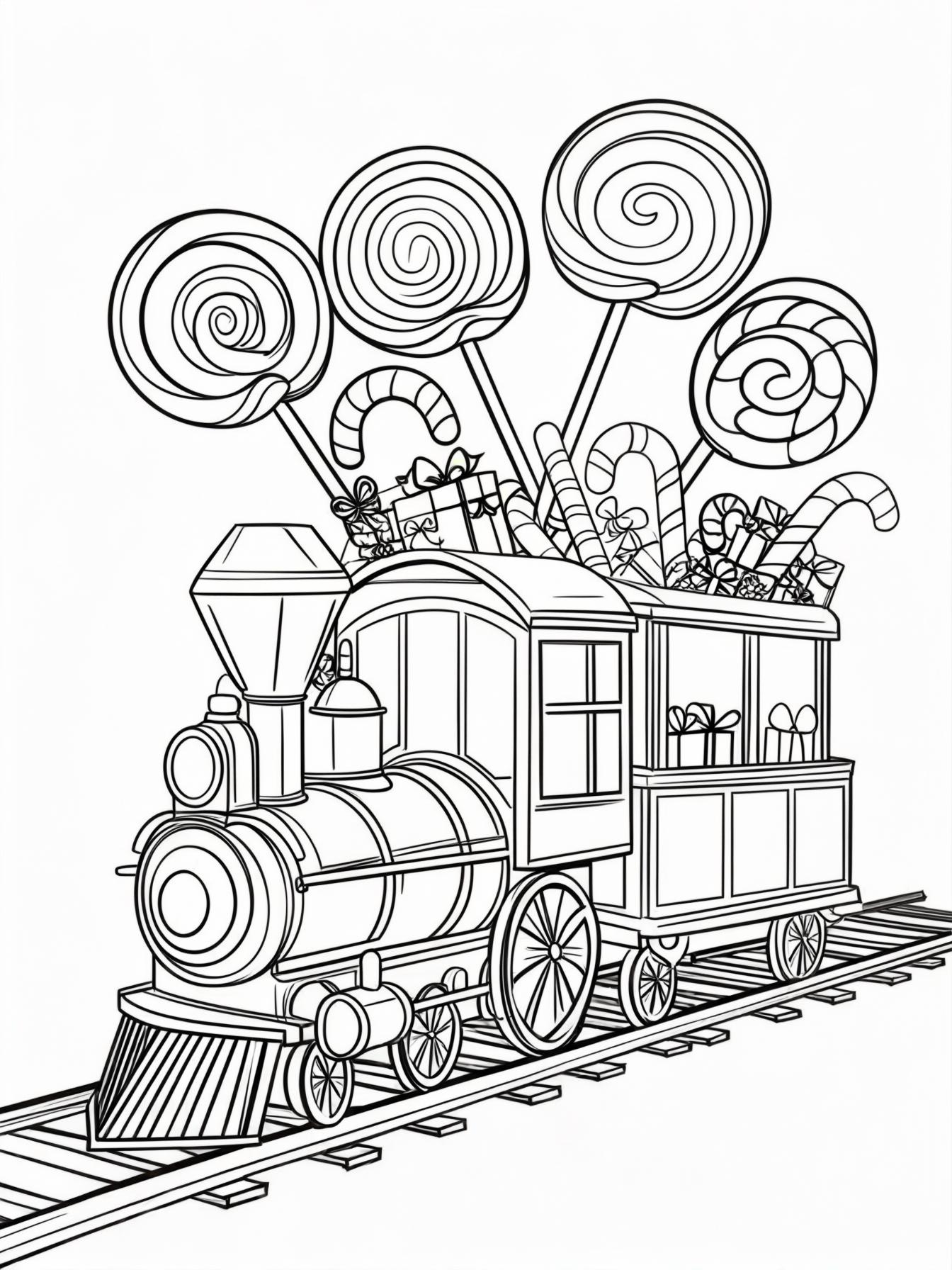 Cargo Fun: A train car carrying a silly cargo load—large, oversized candy canes and giant lollipops sticking out of the top. Nothing is written anywhere in the page.