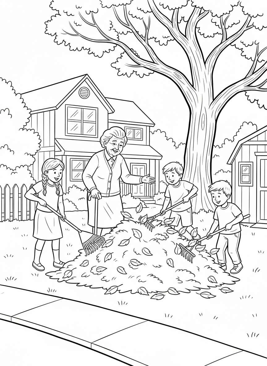 Children helping an elderly neighbor rake colorful autumn leaves in a front yard, with a big pile of leaves nearby.