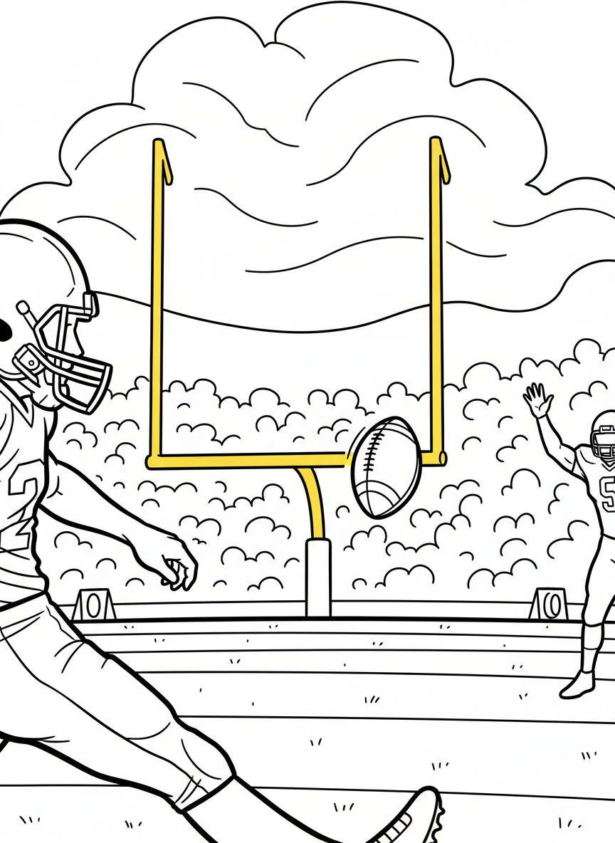 A kicker preparing to kick a field goal with the goalpost clearly visible, focused action moment.