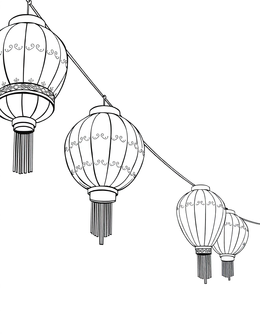 Lantern Festival: A string of glowing paper lanterns in different shapes (round, accordion) hanging across the page with tassels blowing in the wind.