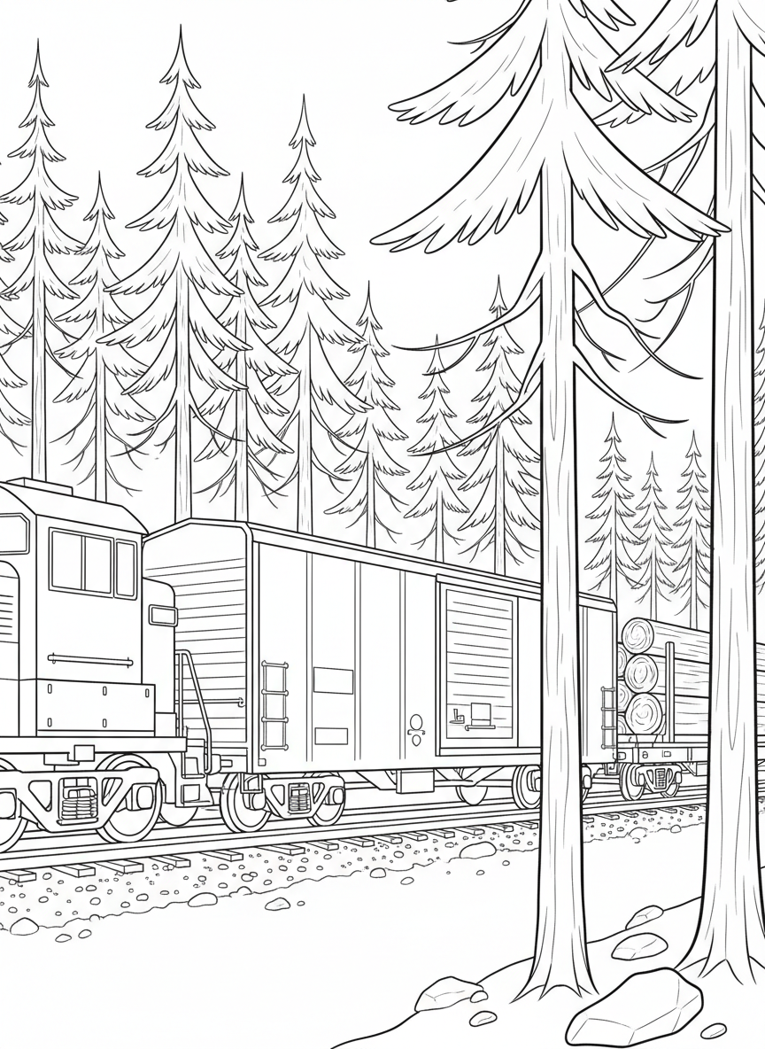 A freight train with various cargo cars including a tanker, boxcar, and flatbed carrying logs, traveling through a pine forest