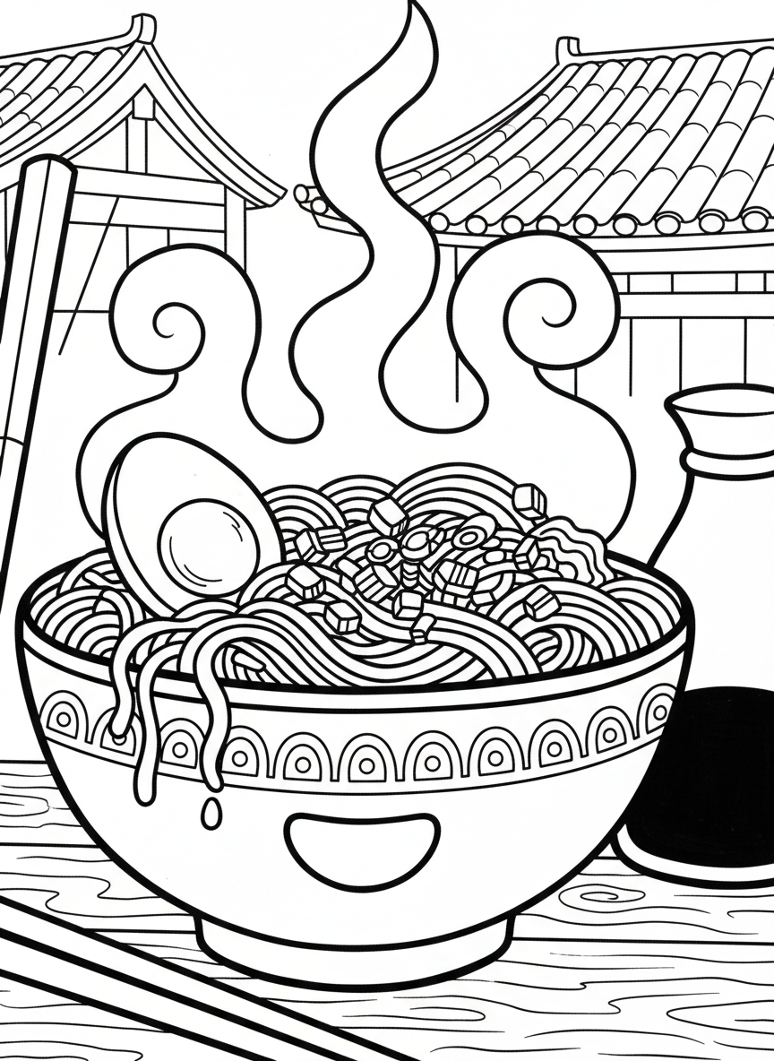 A happy ramen bowl with steam swirls rising up, noodles visible, topped with a soft-boiled egg and green onions