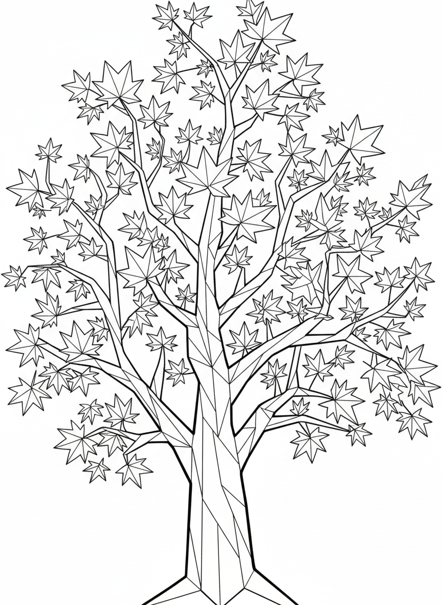 An origami maple tree with a sturdy trunk and branches spreading outward, covered in geometric star-shaped leaves of various sizes.