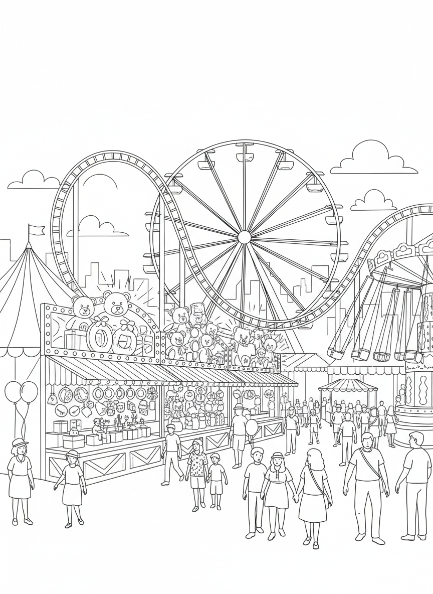 A colorful carnival at sunset with bright lights glowing from rides, game booths lined with prizes, and crowds walking through the fairgrounds.