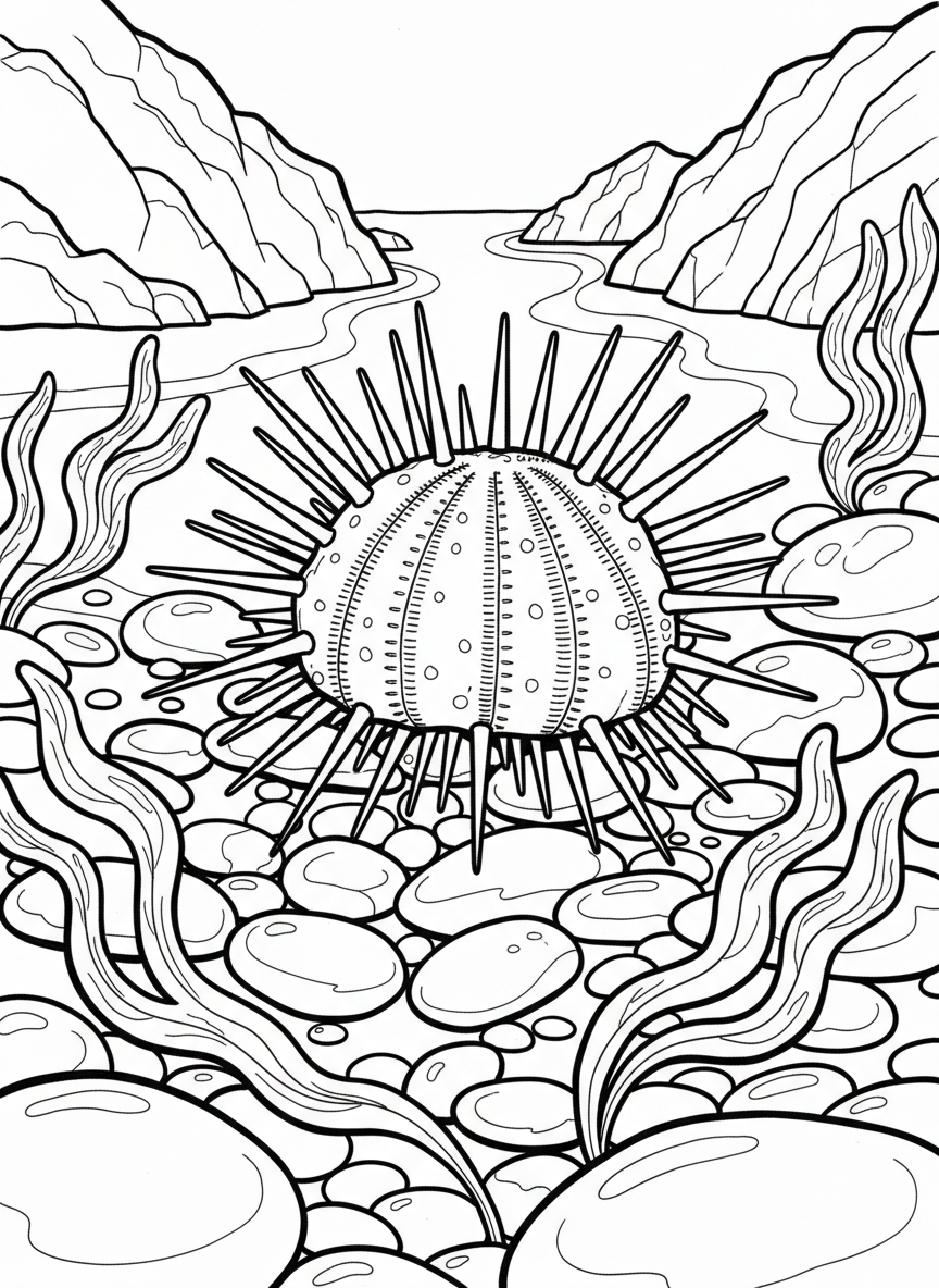 A large sea urchin with detailed spines sitting among smooth stones and kelp fronds in a rocky tide pool