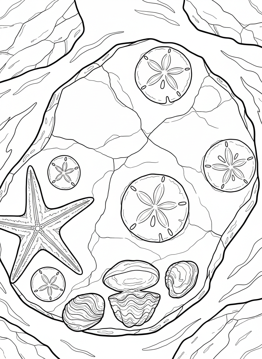 A cluster of small fossilized sea creatures including starfish, sand dollars, and clams on a rock slab