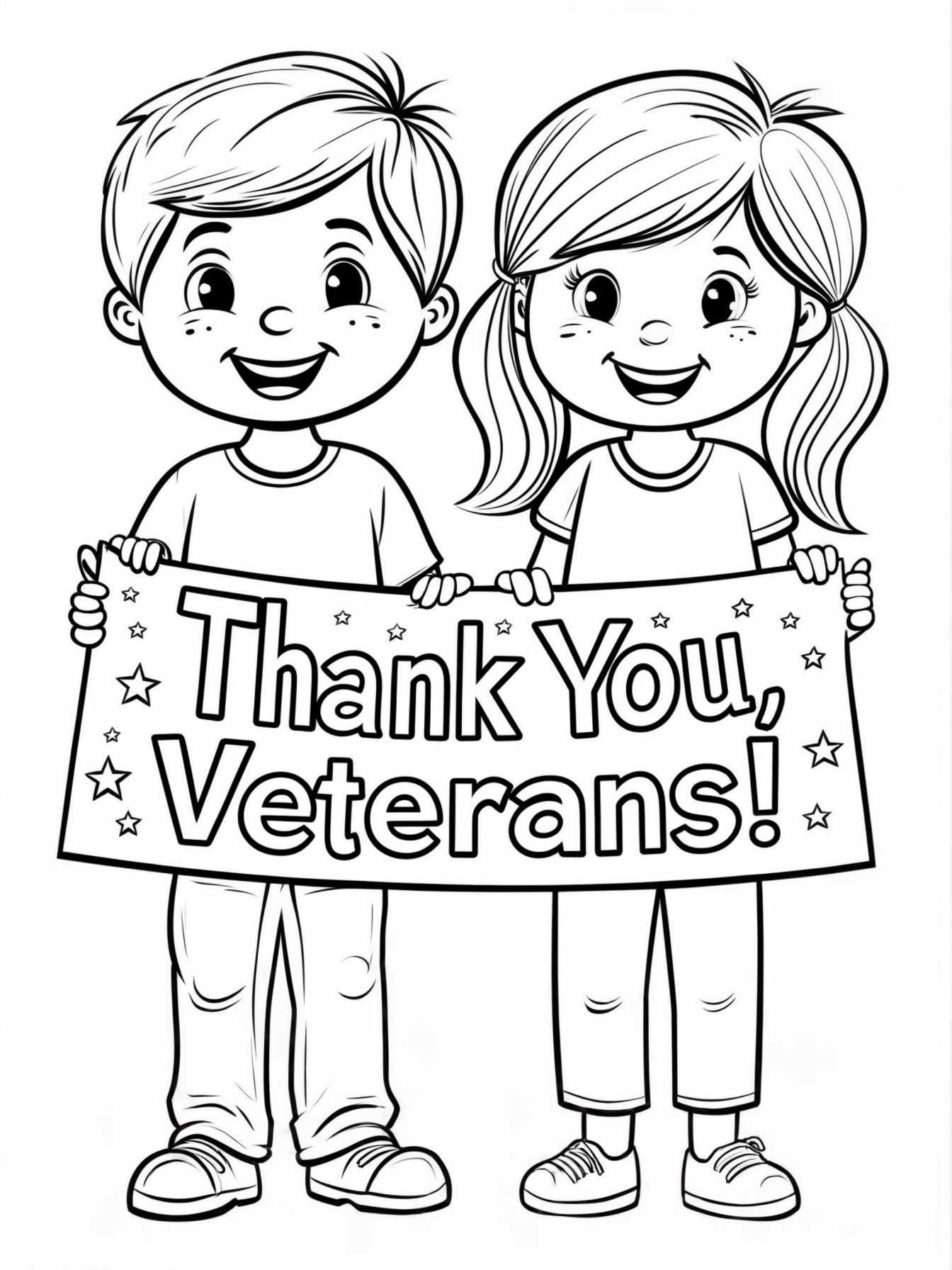 Thank You Banner: Two children, a boy and a girl, are holding up a large banner that reads "Thank You, Veterans!" The banner is decorated with stars and stripes.