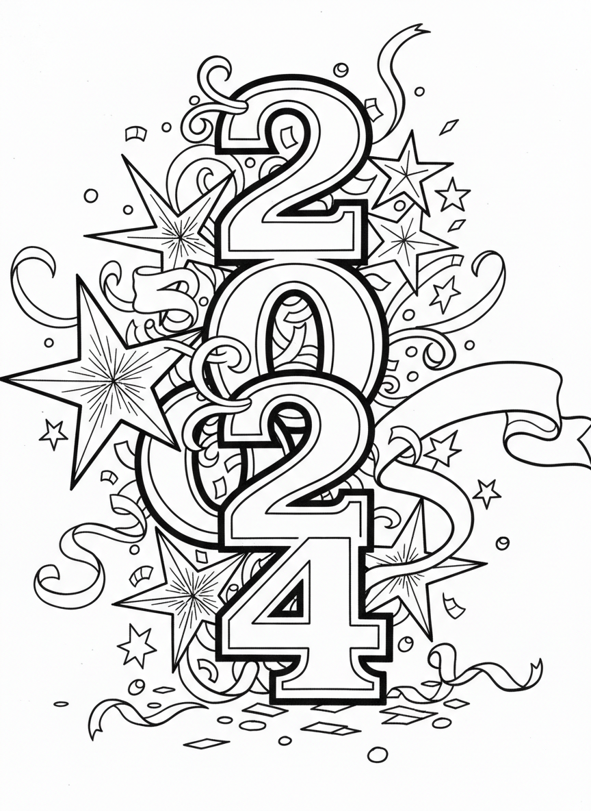 The numbers of the new year stacked vertically with stars, confetti, and ribbons decorating around them