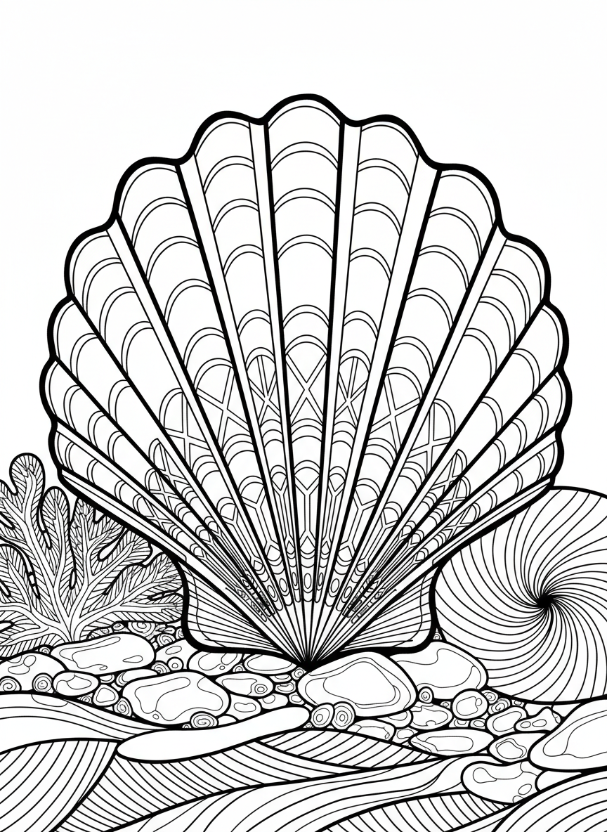 Close-up of a scallop shell showing detailed radiating ridges from hinge to edge, symmetrical and geometric.