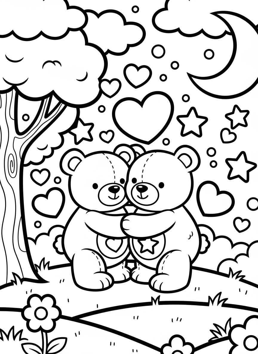 Two teddy bears hugging each other surrounded by hearts and stars, perfect for young children to color with large simple shapes.