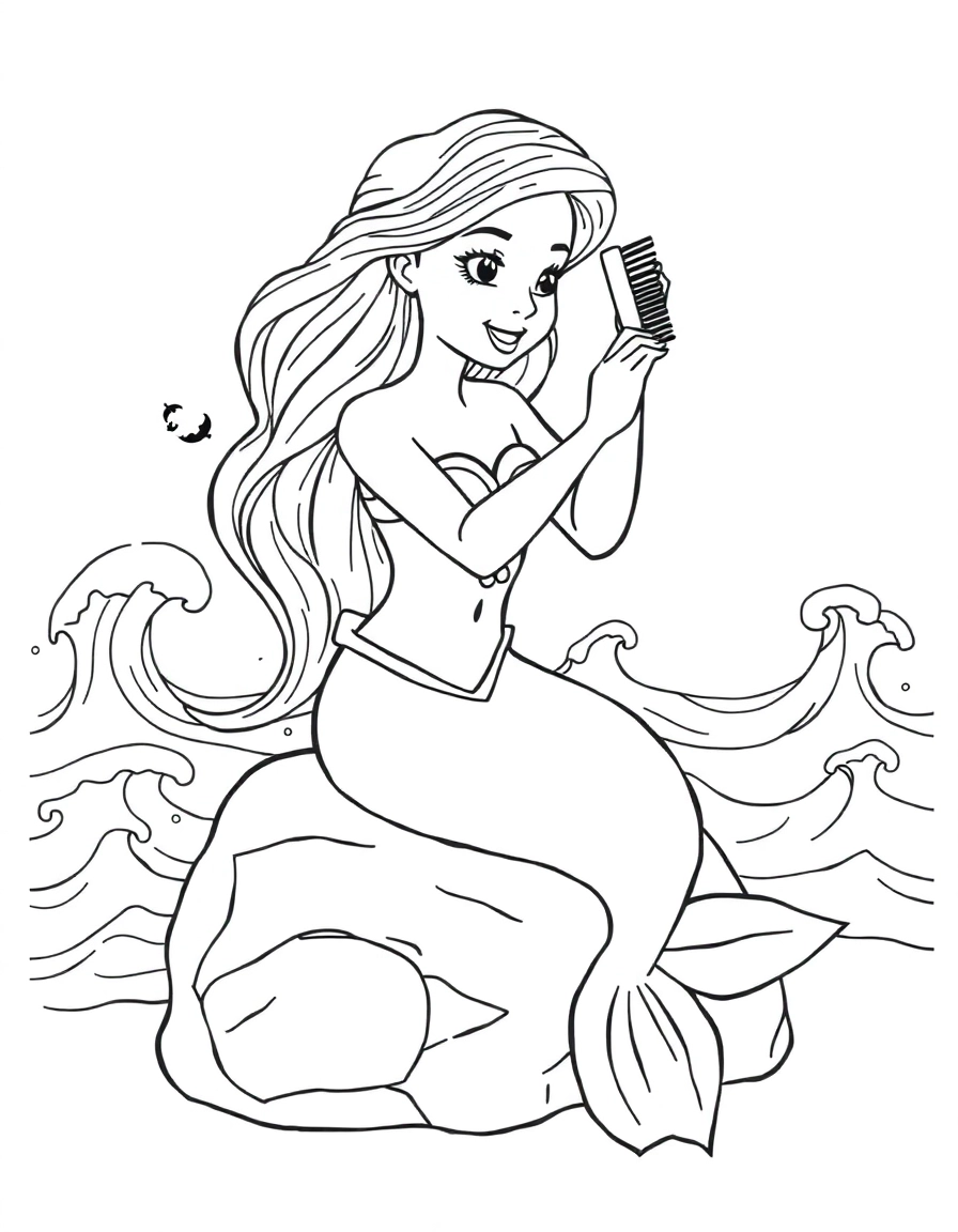 A beautiful mermaid sitting on a rock combing her hair with a seashell comb, waves crashing behind her