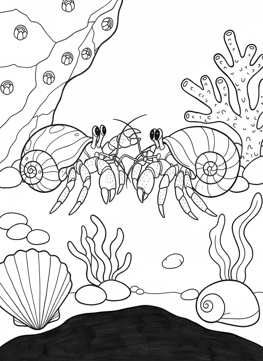 Two hermit crabs meeting face-to-face, their spiral shells touching, surrounded by tide pool treasures like shells and coral bits.