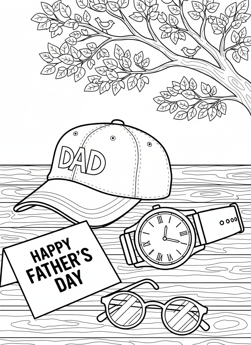 A collection of dad-themed items including a baseball cap, watch, glasses, and a card that says 'HAPPY FATHER'S DAY'.