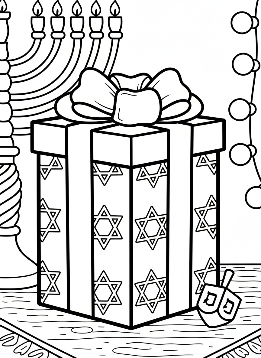 A gift box wrapped with a bow and Star of David wrapping paper pattern, sitting next to a small dreidel, simple composition.