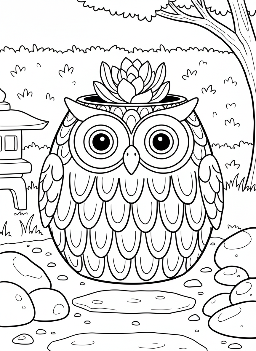 A cute owl-shaped ceramic planter with big eyes and feather details, perfect for holding small plants.