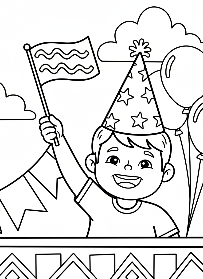 A detailed portrait of a smiling child wearing a festive hat decorated with stars, holding a small flag, close-up composition