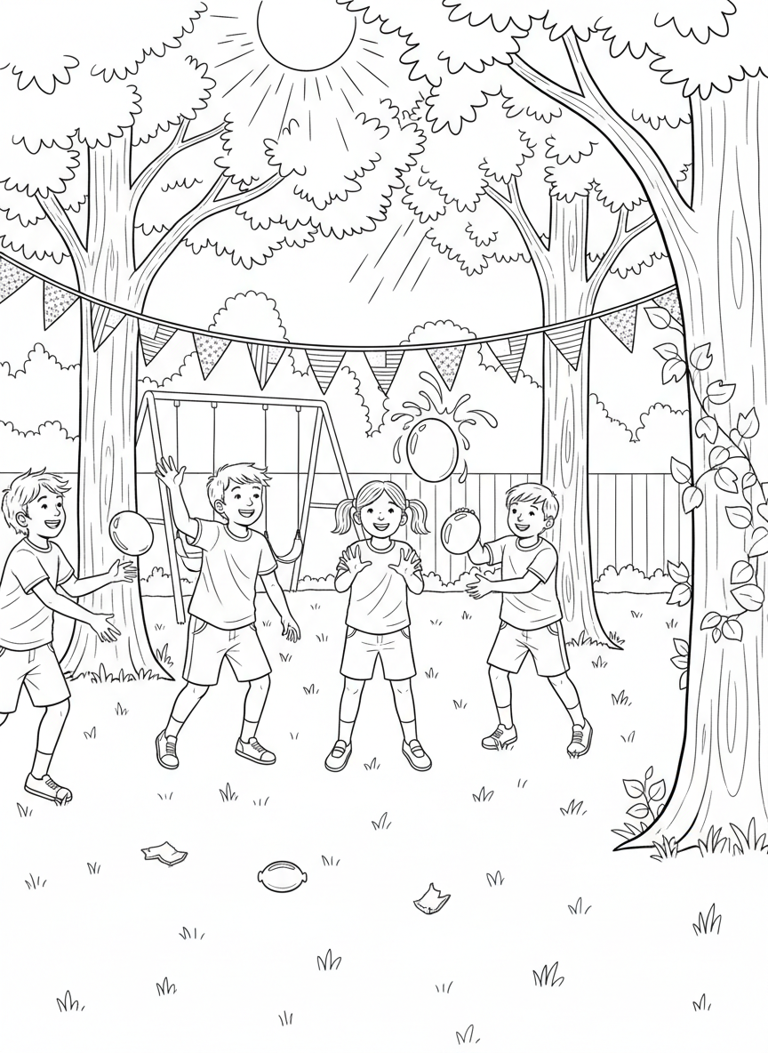Kids playing in a backyard water balloon toss game with American flag bunting strung between trees and a summer sun overhead