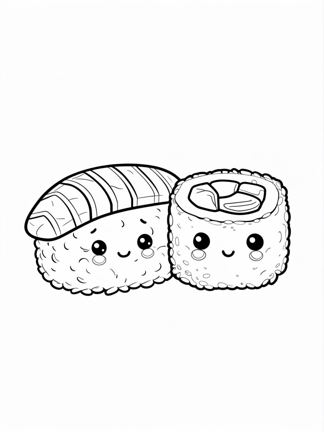 Sushi Friends: A piece of kawaii salmon nigiri and a California roll sitting side-by-side, both with rosy cheeks and tiny mouths.