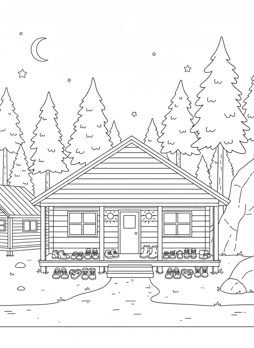 Summer Camp coloring page prompts capturing outdoor fun, friendships, cabins, and memorable childhood adventures.	Cabins at dusk with porch lights glowing and shoes lined neatly outside.