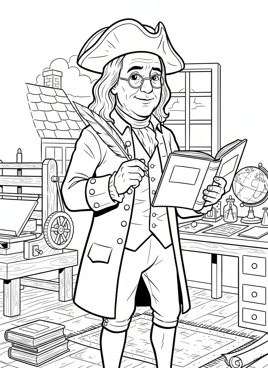 A friendly Benjamin Franklin character with round glasses, long hair, and colonial outfit, holding a book and quill pen with a warm smile.