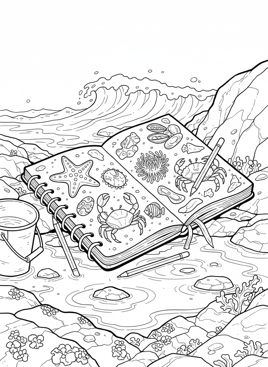 A waterproof notebook with sketches of tide pool creatures, lying open with colored pencils scattered around it.
