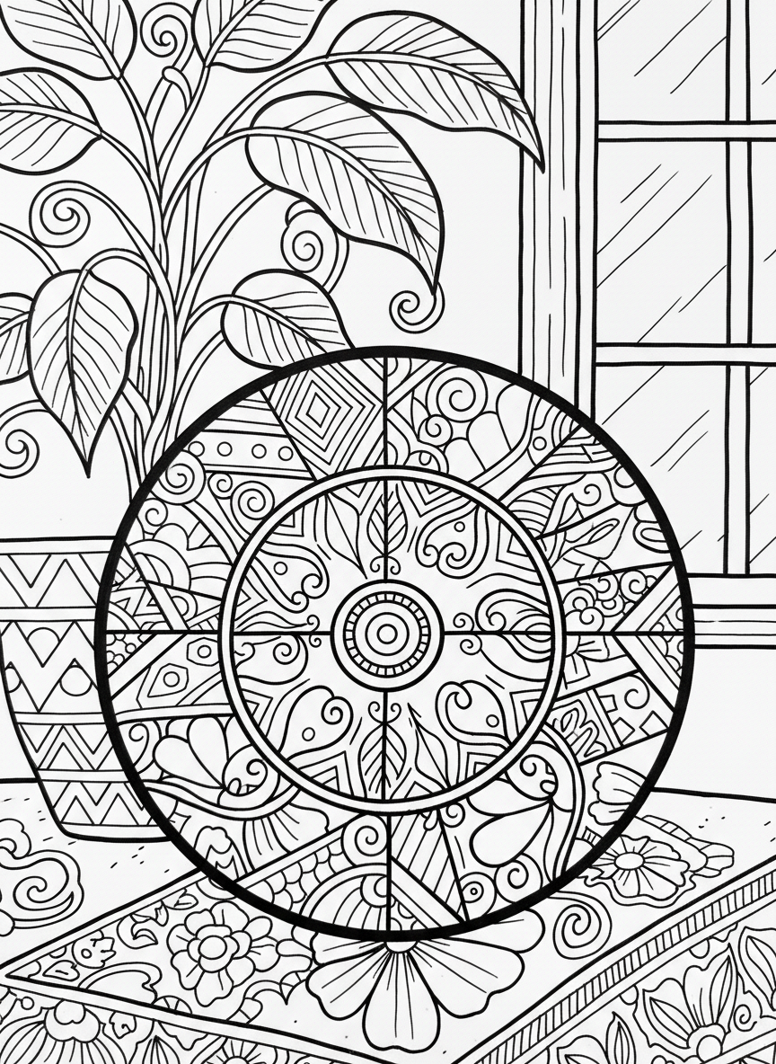 Close-up of a beautifully decorated ceramic plate with geometric patterns, flowers, and swirls ready to color.