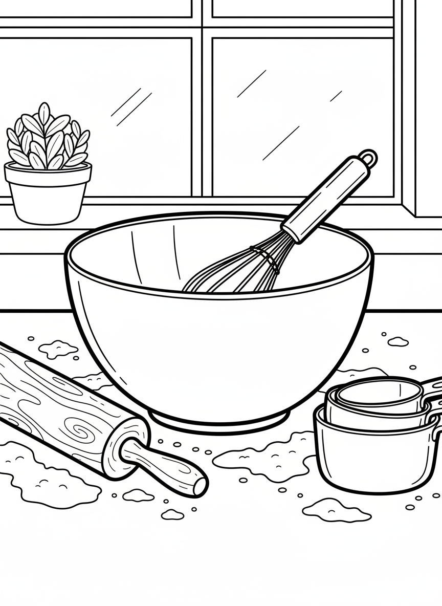 A rolling pin, mixing bowl, whisk, and measuring cups arranged on a kitchen counter with flour scattered around